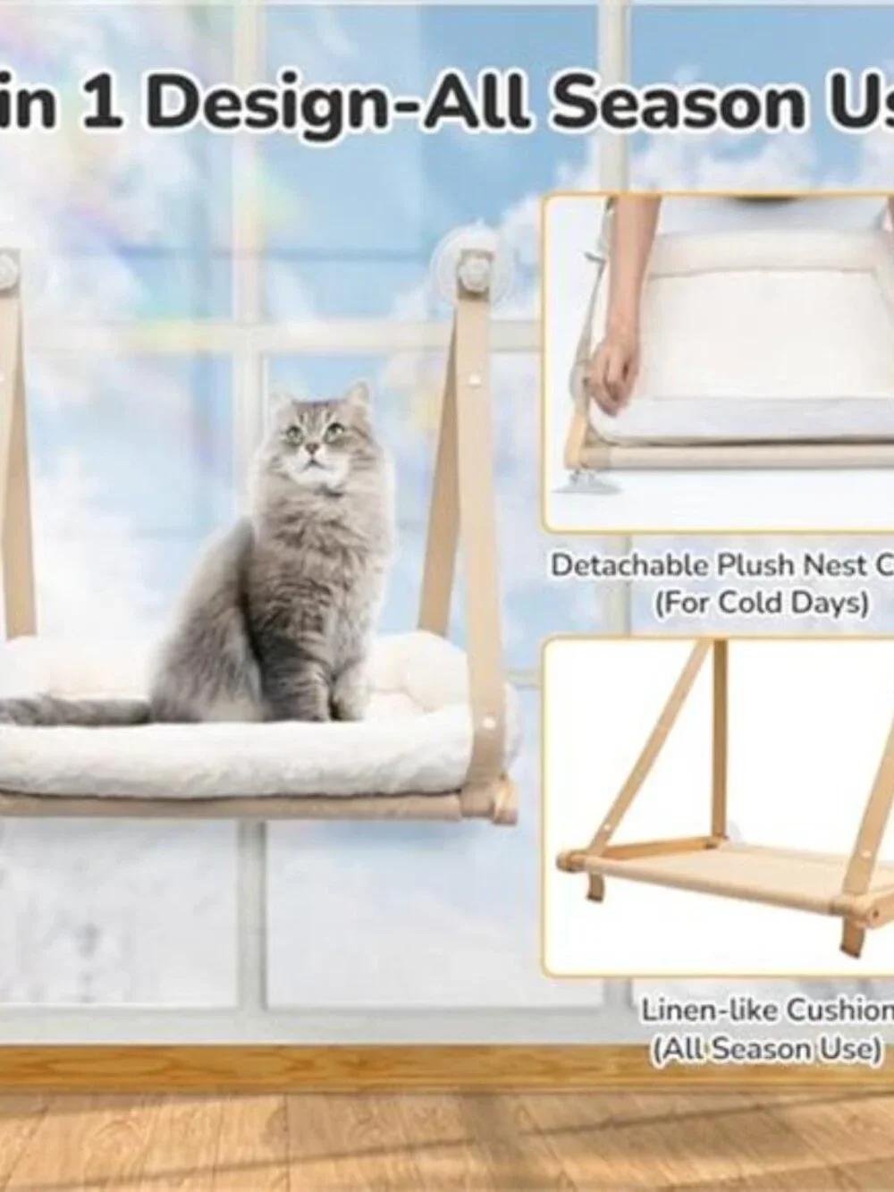 Cat Window Hammock Wooden Perch Suction Cup Bed Foldable Washable Cat Bed